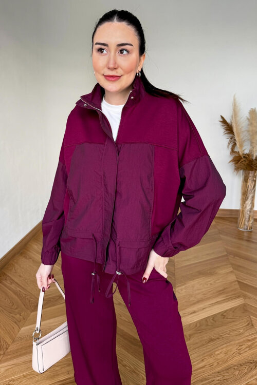 TKM-7039 Bordo Dik Yaka Fermuarlı Paraşüt Modal Takım - 2