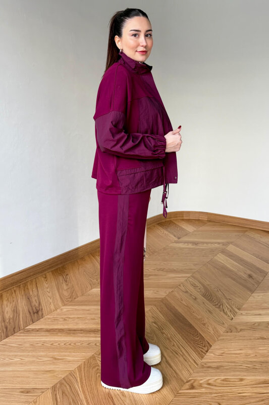 TKM-7039 Bordo Dik Yaka Fermuarlı Paraşüt Modal Takım - 3