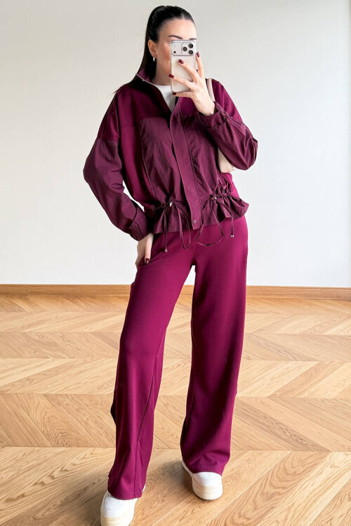 TKM-7039 Bordo Dik Yaka Fermuarlı Paraşüt Modal Takım - 4