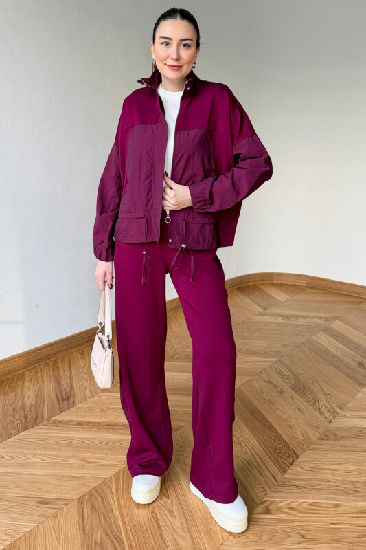 TKM-7039 Bordo Dik Yaka Fermuarlı Paraşüt Modal Takım - 1