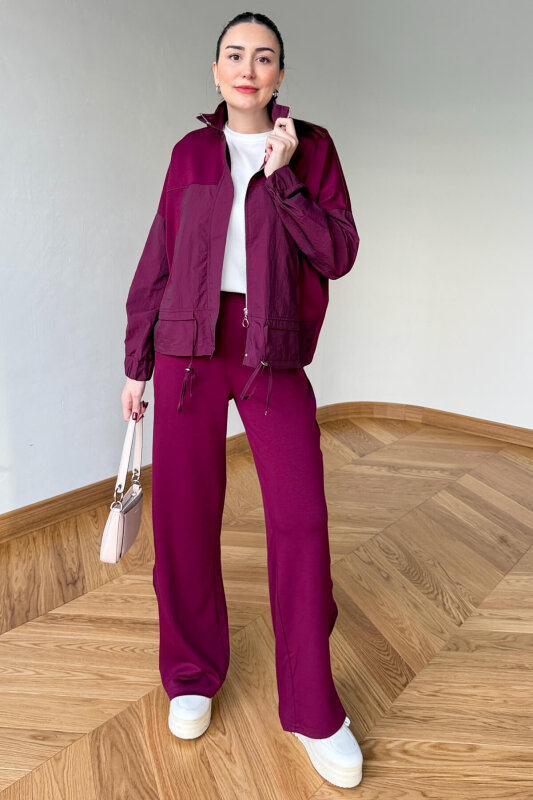 TKM-7039 Bordo Dik Yaka Fermuarlı Paraşüt Modal Takım - 5
