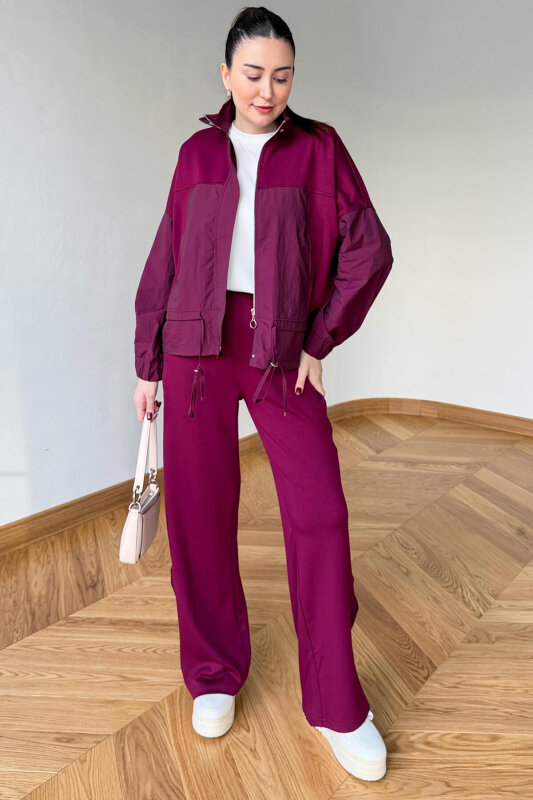 TKM-7039 Bordo Dik Yaka Fermuarlı Paraşüt Modal Takım - 6