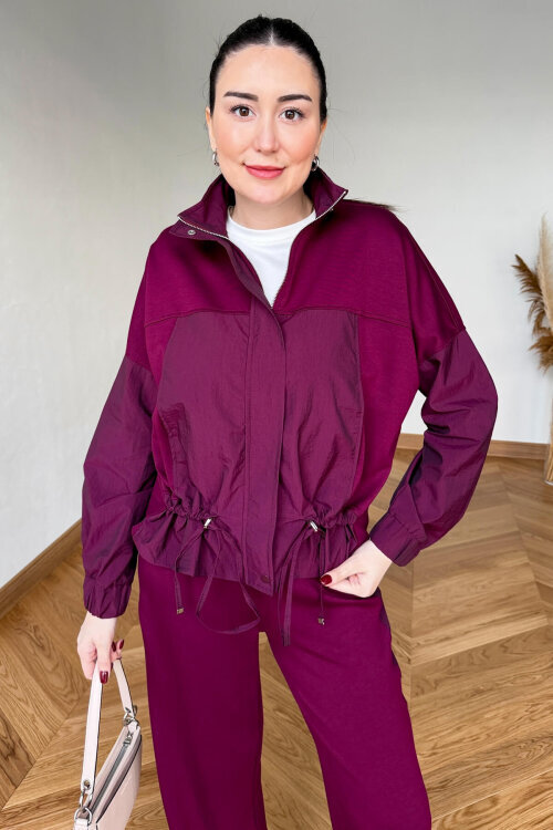 TKM-7039 Bordo Dik Yaka Fermuarlı Paraşüt Modal Takım - 7