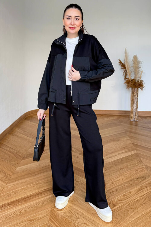 TKM-7039 Siyah Dik Yaka Fermuarlı Paraşüt Modal Takım 