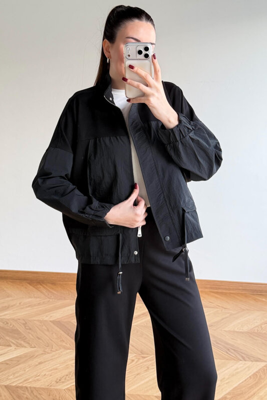 TKM-7039 Siyah Dik Yaka Fermuarlı Paraşüt Modal Takım - 5