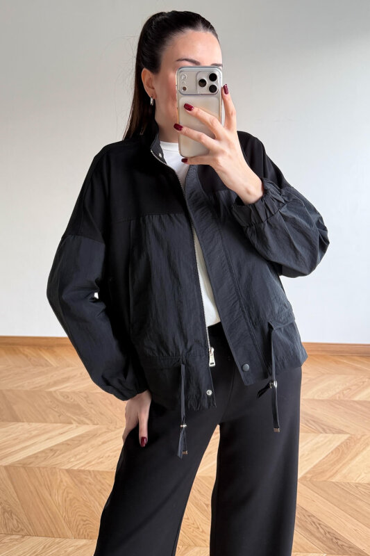 TKM-7039 Siyah Dik Yaka Fermuarlı Paraşüt Modal Takım - 6