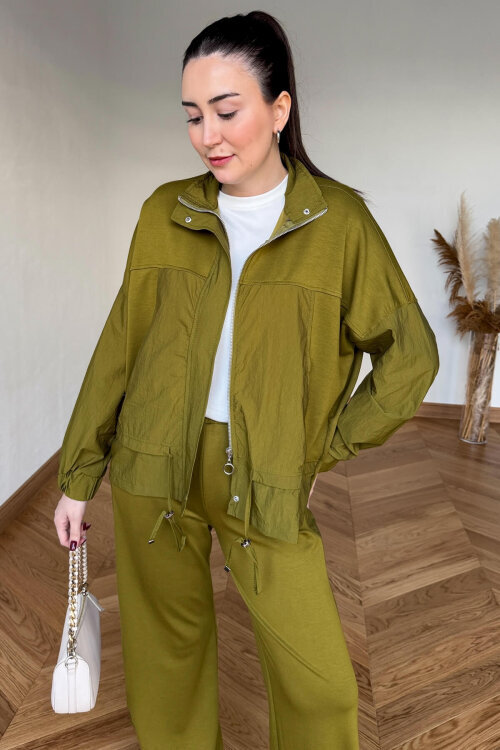 TKM-7039 Yeşil Dik Yaka Fermuarlı Paraşüt Modal Takım - 2