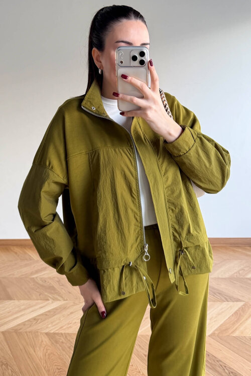 TKM-7039 Yeşil Dik Yaka Fermuarlı Paraşüt Modal Takım - 5