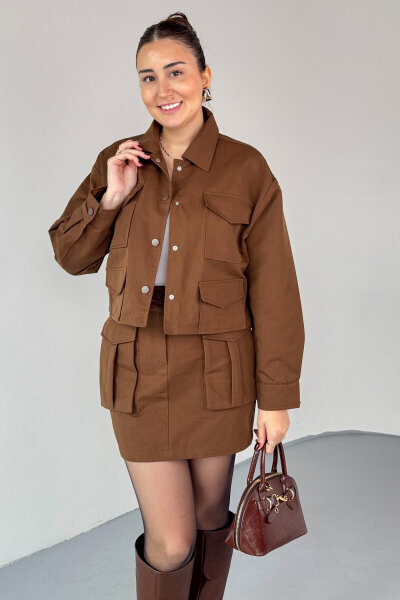 TKM-7168 Acı Kahve Astarlı Utility Ceket & Mini Etek İkili Takım - 4