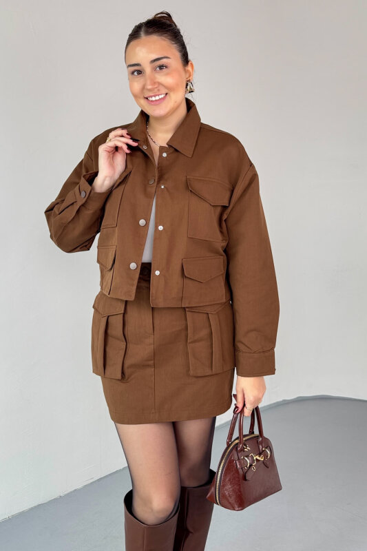 TKM-7168 Acı Kahve Astarlı Utility Ceket & Mini Etek İkili Takım - 4