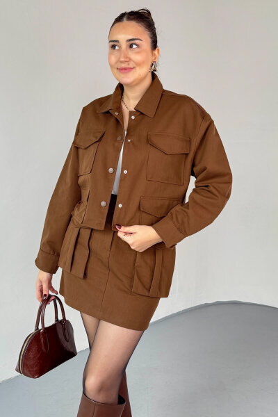 TKM-7168 Acı Kahve Astarlı Utility Ceket & Mini Etek İkili Takım - 2