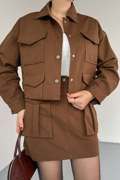 TKM-7168 Acı Kahve Astarlı Utility Ceket & Mini Etek İkili Takım - 3