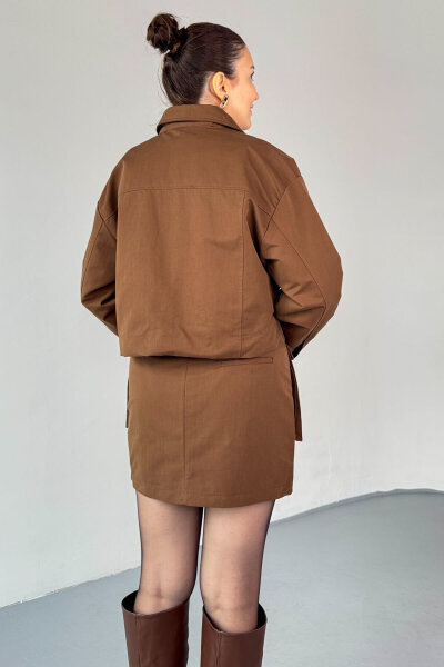 TKM-7168 Acı Kahve Astarlı Utility Ceket & Mini Etek İkili Takım - 5