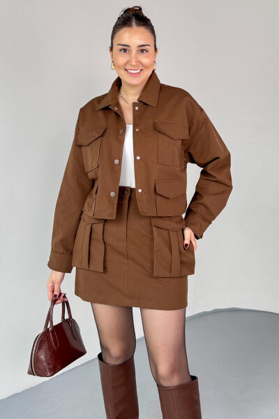 TKM-7168 Acı Kahve Astarlı Utility Ceket & Mini Etek İkili Takım 