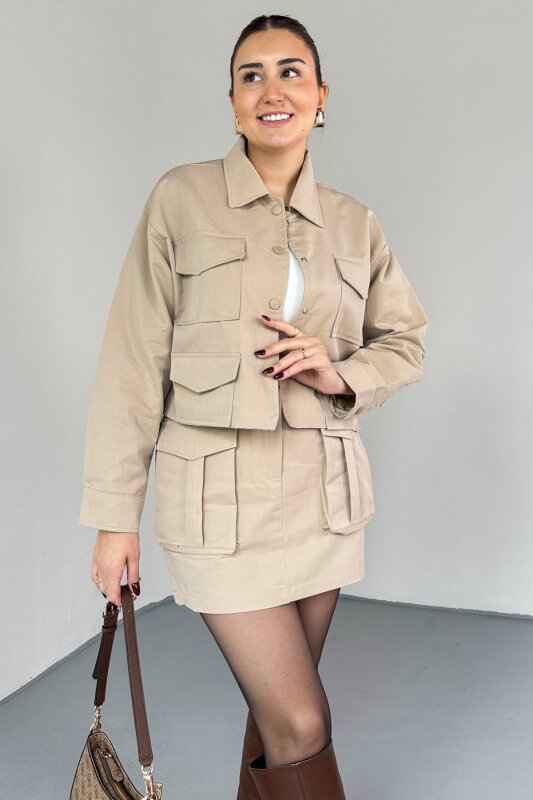 TKM-7168 Bej Astarlı Utility Ceket & Mini Etek İkili Takım - 2