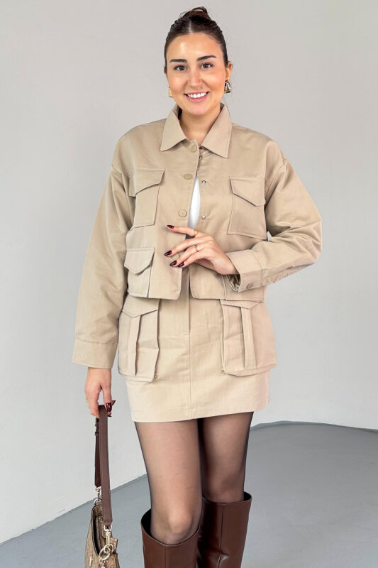 TKM-7168 Bej Astarlı Utility Ceket & Mini Etek İkili Takım - 3