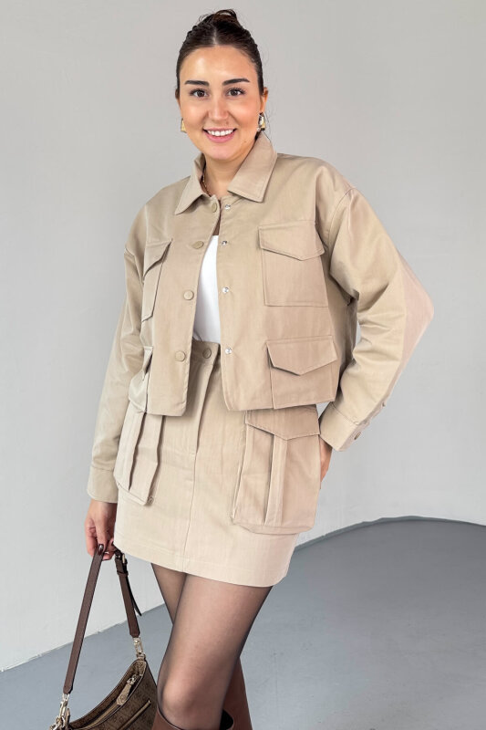 TKM-7168 Bej Astarlı Utility Ceket & Mini Etek İkili Takım - 4