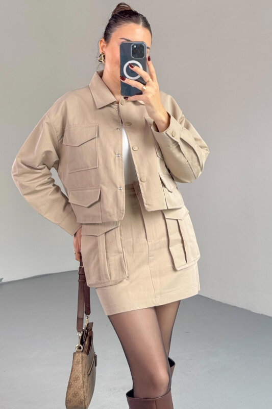 TKM-7168 Bej Astarlı Utility Ceket & Mini Etek İkili Takım - 5