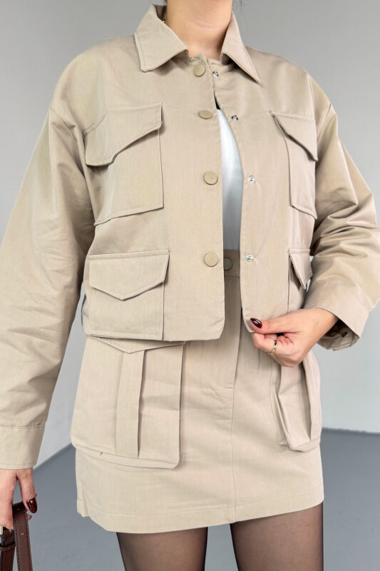 TKM-7168 Bej Astarlı Utility Ceket & Mini Etek İkili Takım - 6