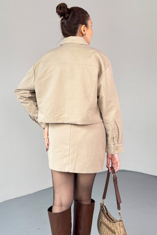 TKM-7168 Bej Astarlı Utility Ceket & Mini Etek İkili Takım - 7