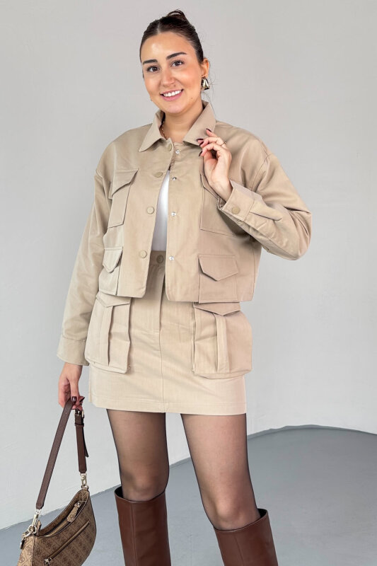 TKM-7168 Bej Astarlı Utility Ceket & Mini Etek İkili Takım - 1