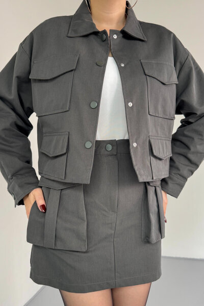 TKM-7168 Füme Astarlı Utility Ceket & Mini Etek İkili Takım - Cappmoda (1)