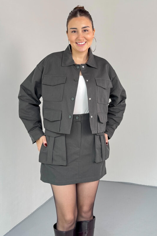 TKM-7168 Füme Astarlı Utility Ceket & Mini Etek İkili Takım - 3