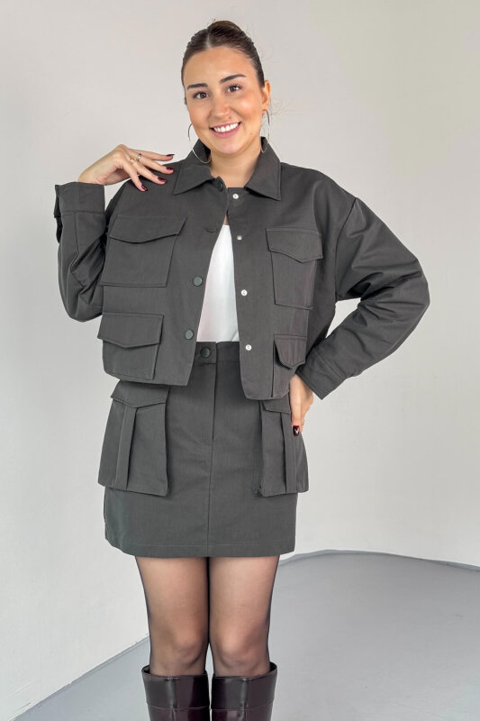 TKM-7168 Füme Astarlı Utility Ceket & Mini Etek İkili Takım - 4