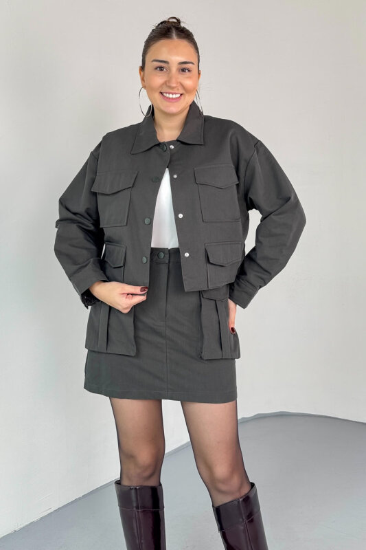 TKM-7168 Füme Astarlı Utility Ceket & Mini Etek İkili Takım - 5