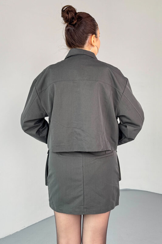 TKM-7168 Füme Astarlı Utility Ceket & Mini Etek İkili Takım - 6