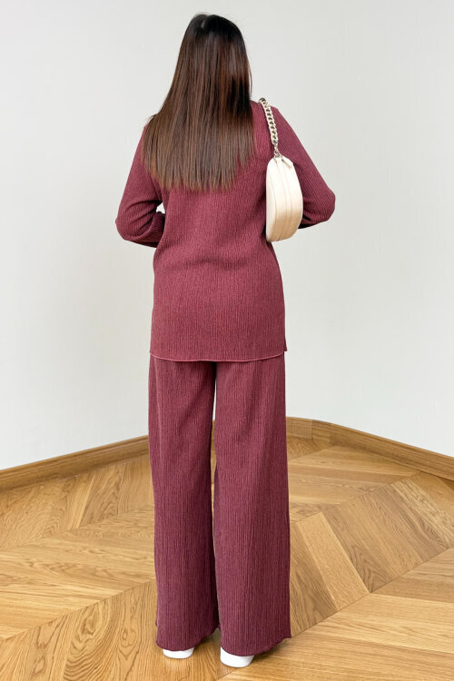 TKM-7187 Bordo Fitilli Bürümcük Kumaş Gömlek Pantolon Takım - 3