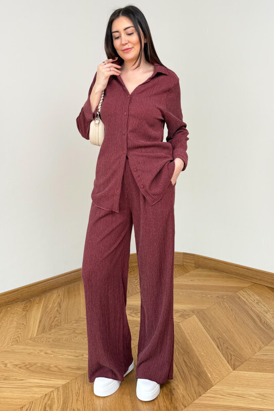 TKM-7187 Bordo Fitilli Bürümcük Kumaş Gömlek Pantolon Takım - 1