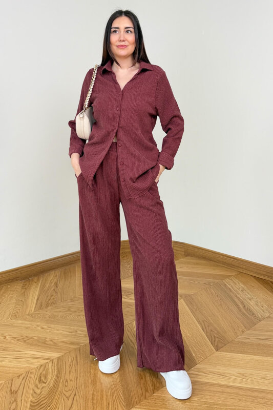 TKM-7187 Bordo Fitilli Bürümcük Kumaş Gömlek Pantolon Takım - 4