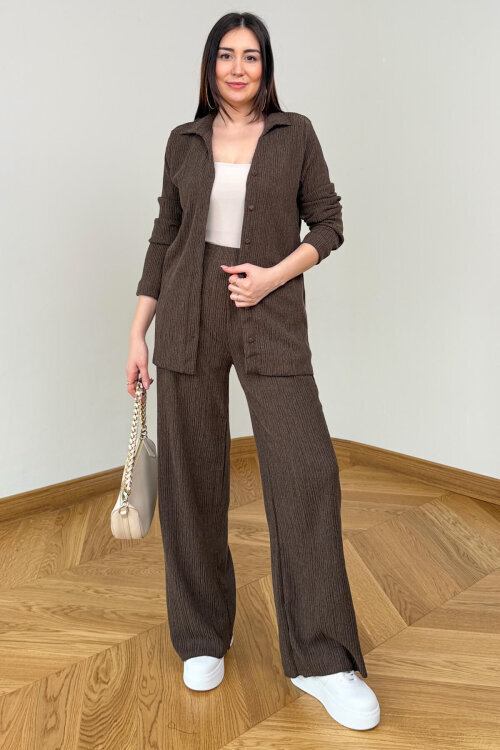 TKM-7187 Kahverengi Fitilli Bürümcük Kumaş Gömlek Pantolon Takım 