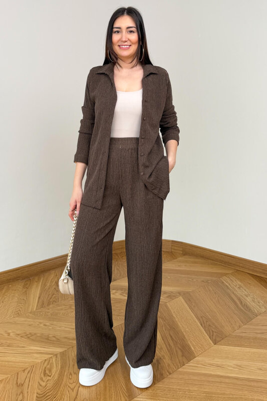 TKM-7187 Kahverengi Fitilli Bürümcük Kumaş Gömlek Pantolon Takım - 3