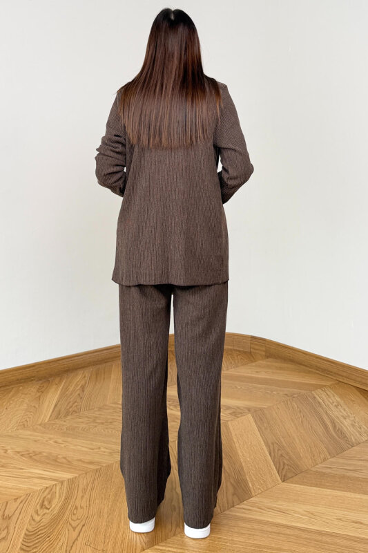 TKM-7187 Kahverengi Fitilli Bürümcük Kumaş Gömlek Pantolon Takım - 5