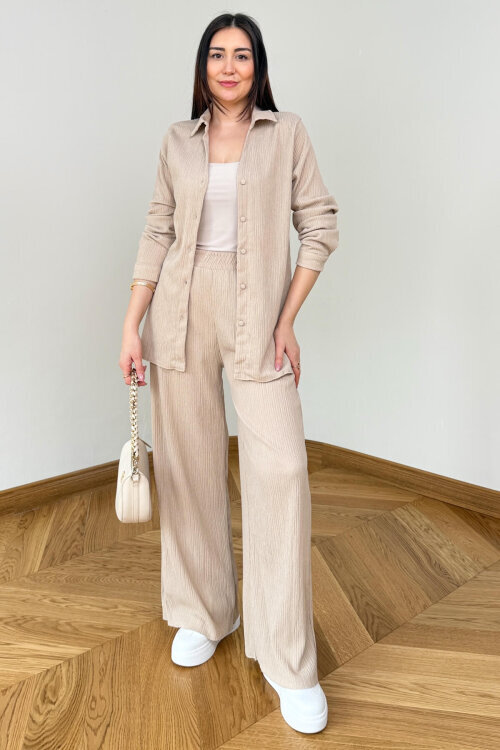 TKM-7187 Krem Fitilli Bürümcük Kumaş Gömlek Pantolon Takım - 3