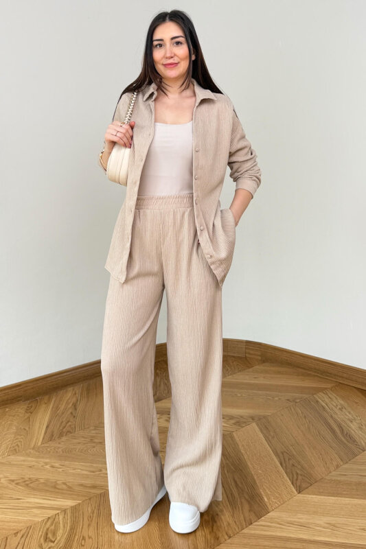 TKM-7187 Krem Fitilli Bürümcük Kumaş Gömlek Pantolon Takım - 1