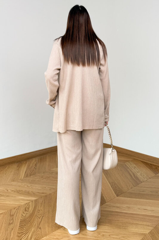 TKM-7187 Krem Fitilli Bürümcük Kumaş Gömlek Pantolon Takım - 4