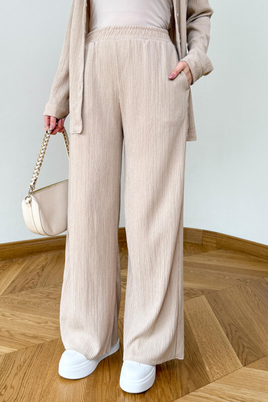 TKM-7187 Krem Fitilli Bürümcük Kumaş Gömlek Pantolon Takım - 5