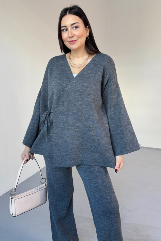 TKM-7206 Füme Çelik Örme Oversize Hırka & Yüksek Bel Pantolon İkili Triko Takım - 2