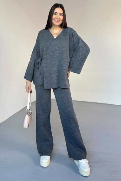 TKM-7206 Füme Çelik Örme Oversize Hırka & Yüksek Bel Pantolon İkili Triko Takım - 4