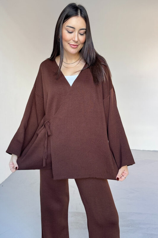 TKM-7206 Kahverengi Çelik Örme Oversize Hırka & Yüksek Bel Pantolon İkili Triko Takım - 2