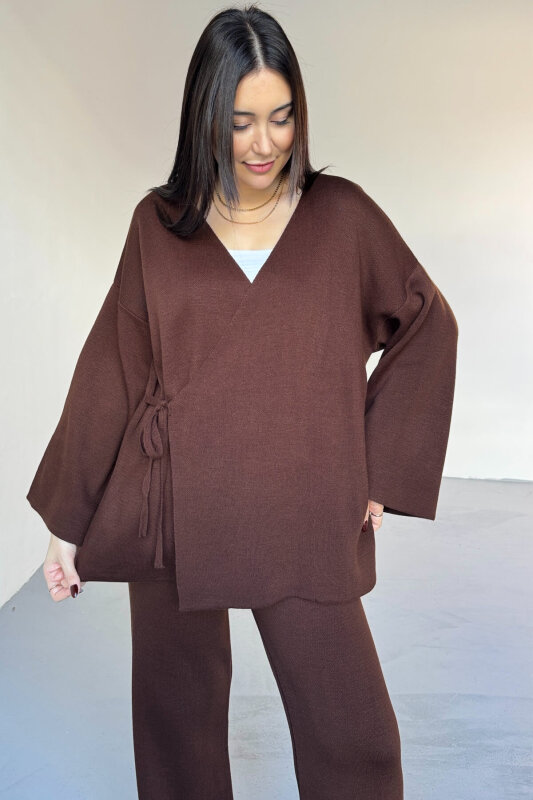 TKM-7206 Kahverengi Çelik Örme Oversize Hırka & Yüksek Bel Pantolon İkili Triko Takım - 3