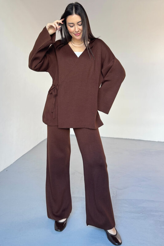 TKM-7206 Kahverengi Çelik Örme Oversize Hırka & Yüksek Bel Pantolon İkili Triko Takım - 4