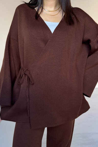 TKM-7206 Kahverengi Çelik Örme Oversize Hırka & Yüksek Bel Pantolon İkili Triko Takım - 5