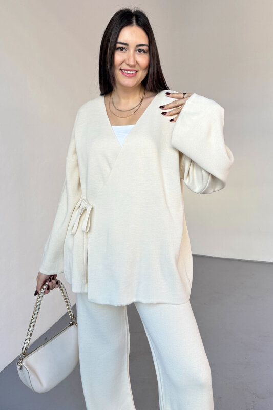 TKM-7206 Krem Çelik Örme Oversize Hırka & Yüksek Bel Pantolon İkili Triko Takım - 2