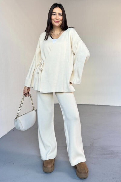 TKM-7206 Krem Çelik Örme Oversize Hırka & Yüksek Bel Pantolon İkili Triko Takım - 3