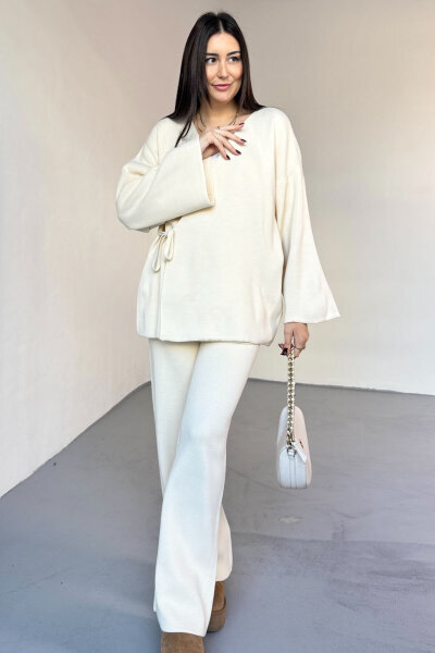TKM-7206 Krem Çelik Örme Oversize Hırka & Yüksek Bel Pantolon İkili Triko Takım - 4