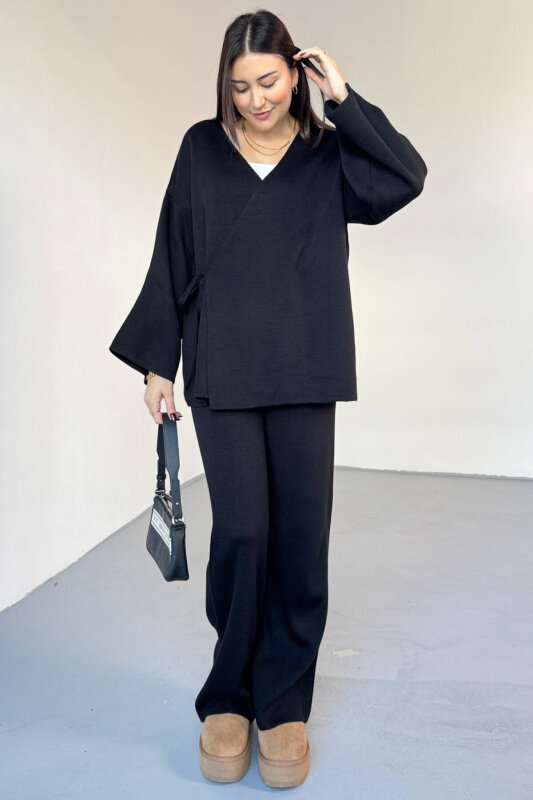 TKM-7206 Siyah Çelik Örme Oversize Hırka & Yüksek Bel Pantolon İkili Triko Takım - 1